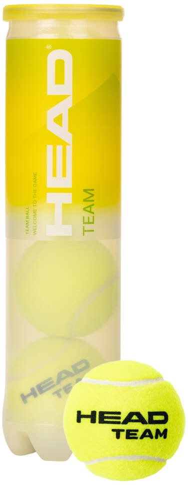 The HEAD Team Tennis Balls - 4 Ball Tube from HEAD includes four durable, ITF approved tennis balls, ideal for matches. The balls feature a bright yellow color and the distinctive black HEAD logo.