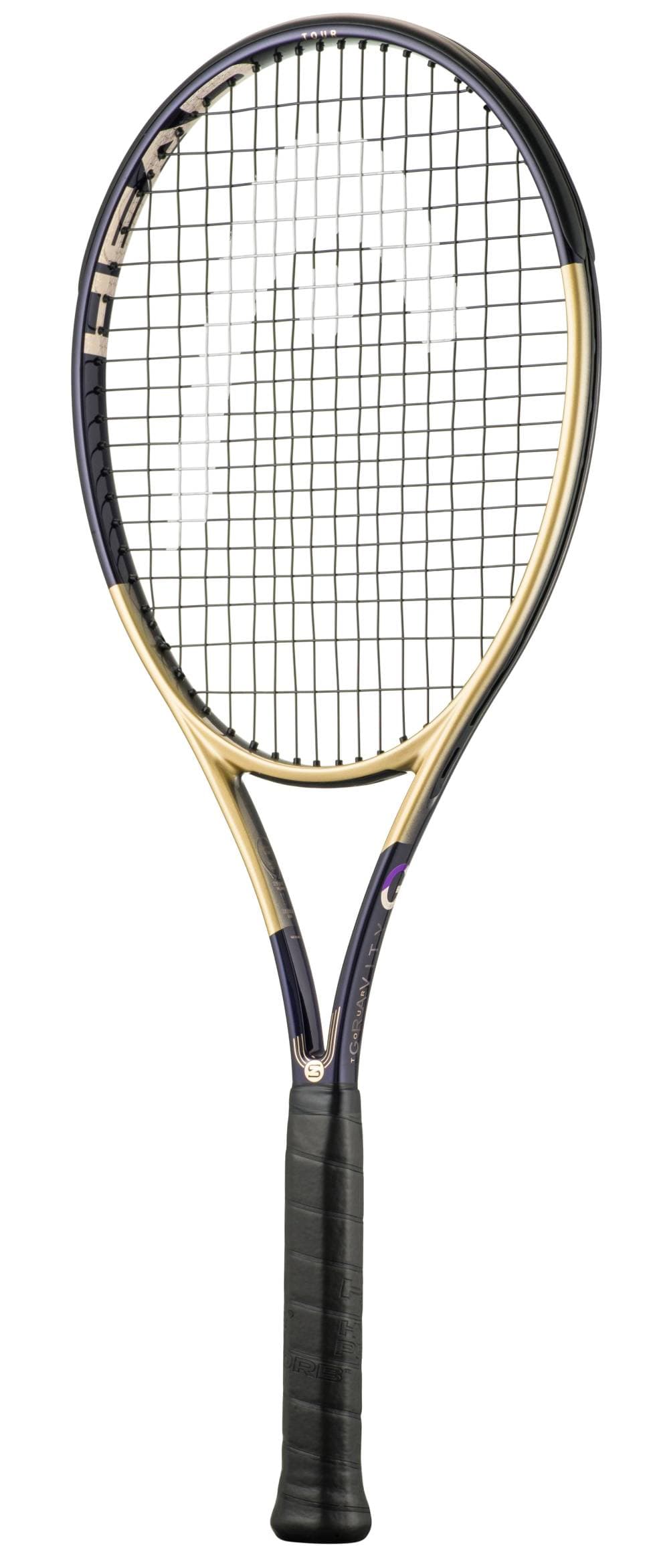 Introducing the HEAD Gravity Tour Zverev 2026 Tennis Racket by HEAD, a limited edition model inspired by Alexander Zverev, featuring a sleek black and gold frame, black strings, and a black grip—all set against a white backdrop.