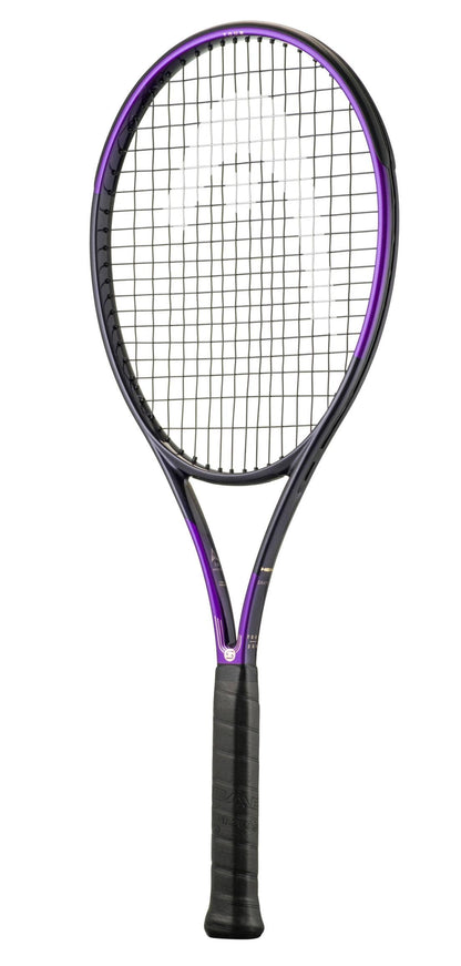 Against a white background, the HEAD Gravity Tour Zverev 2026 Tennis Racket by HEAD is displayed, featuring a black and purple design with tightly woven strings and a black grip, inspired by Alexander Zverev.