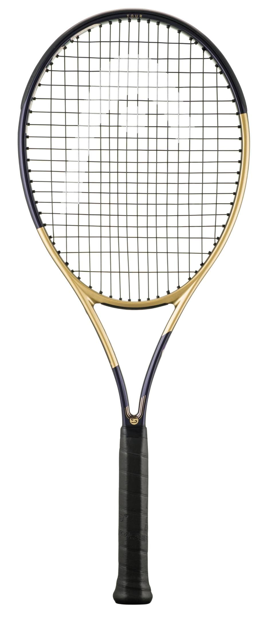 The HEAD Gravity Tour Zverev 2026 Tennis Racket by HEAD is a limited edition model inspired by Alexander Zverev’s on-court style, showcasing a gold frame, black grip, and black strings; it is displayed upright against a white background.