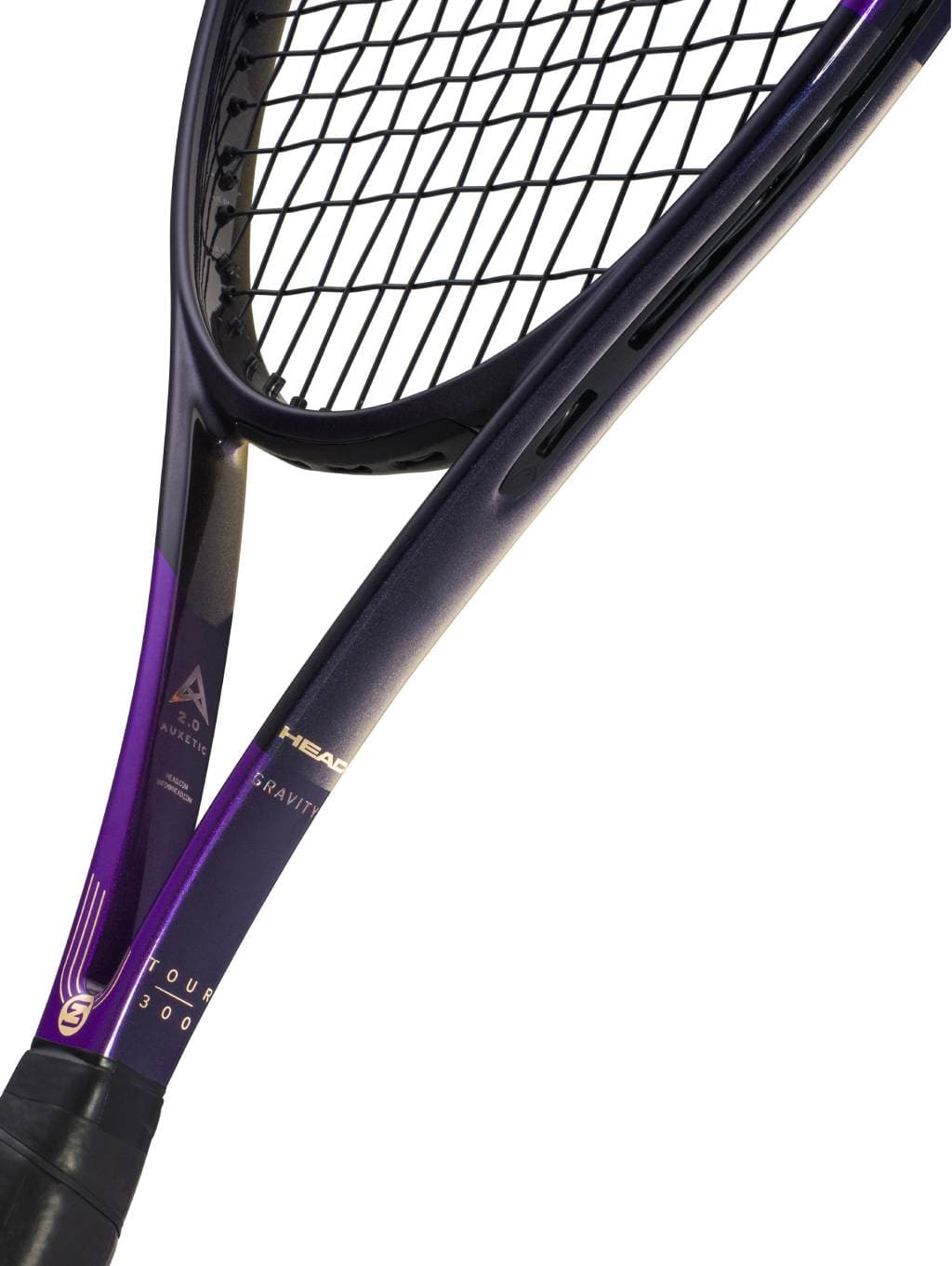 Close-up of the HEAD Gravity Tour Zverev 2026 Tennis Racket, a limited edition from HEAD in bold purple and black hues, showcasing prominent strings and brand logos on the frame against a white background—a design inspired by Alexander Zverev.