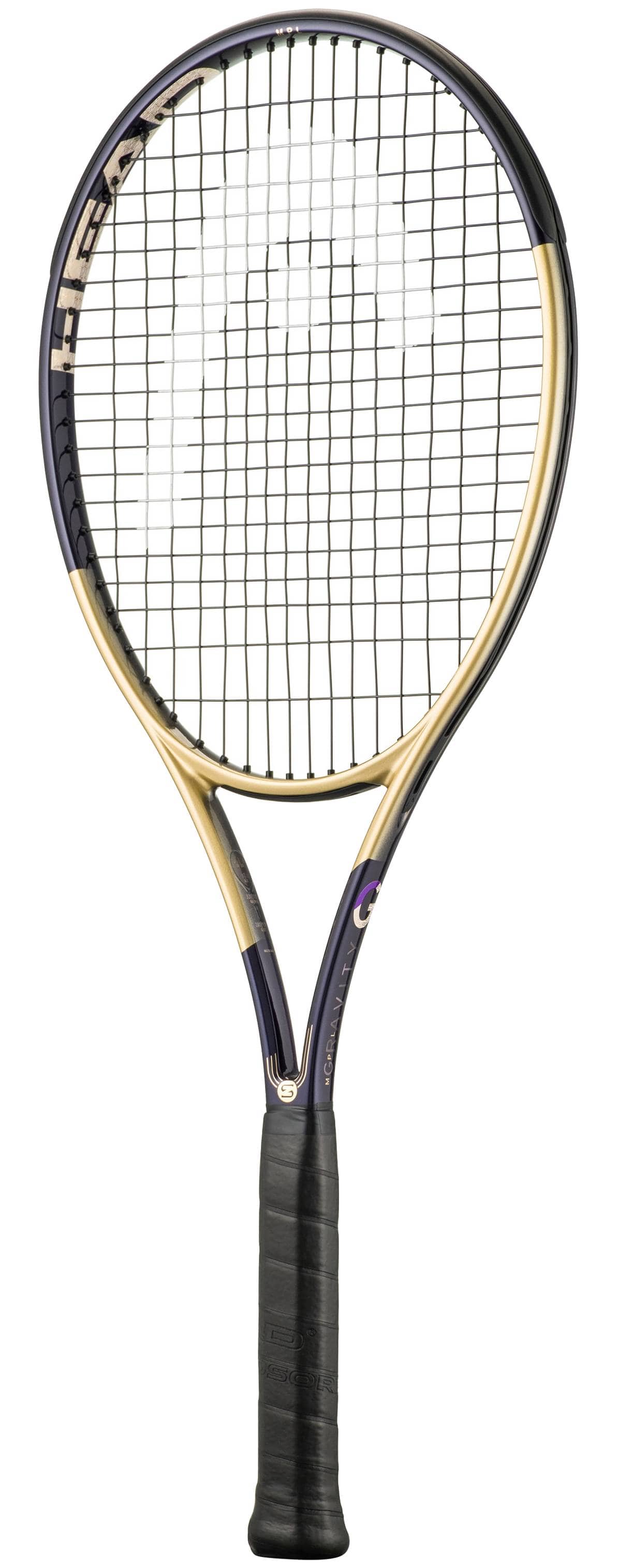 A limited edition HEAD Gravity MP L Zverev 2026 Tennis Racket featuring a gold and black frame, black grip, and tightly strung white strings is displayed against a white background. The racket showcases advanced Auxetic 2.0 technology from HEAD for exceptional performance.