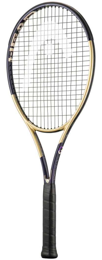 A limited edition HEAD Gravity MP L Zverev 2026 Tennis Racket featuring a gold and black frame, black grip, and tightly strung white strings is displayed against a white background. The racket showcases advanced Auxetic 2.0 technology from HEAD for exceptional performance.