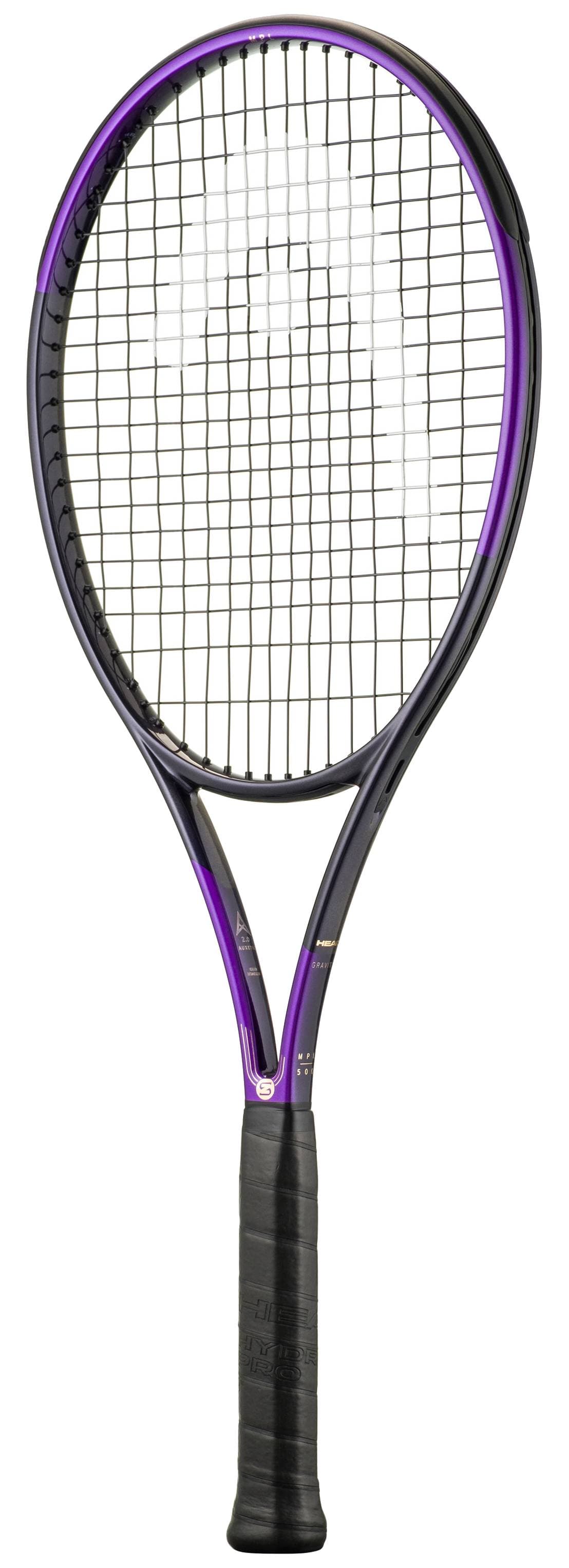 A HEAD Gravity MP L Zverev 2026 Tennis Racket in purple and black, equipped with a black grip and featuring advanced Auxetic 2.0 technology, is pictured against a white background.