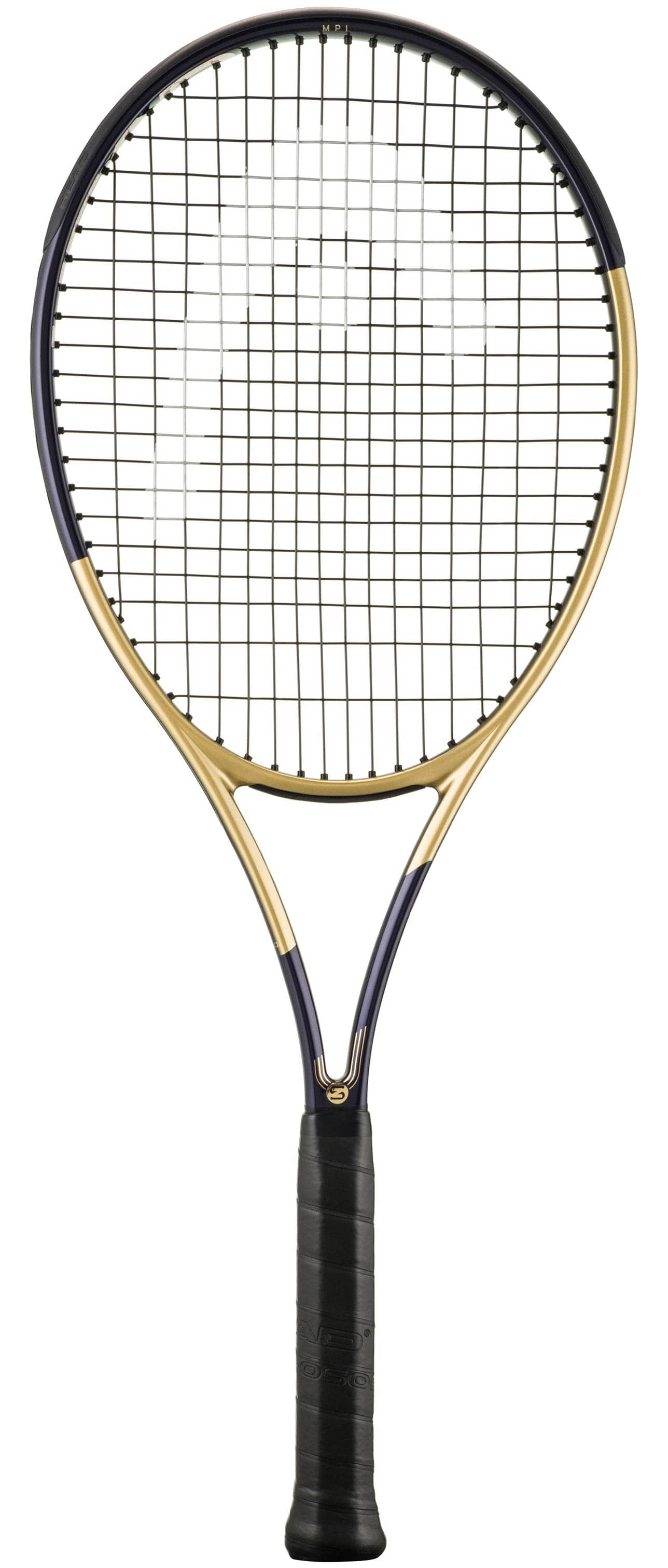 A black and gold HEAD Gravity MP L Zverev 2026 Tennis Racket by HEAD, featuring a black grip, is displayed vertically on a white background. This limited edition Zverev signature model is equipped with advanced Auxetic 2.0 technology for superior on-court performance.