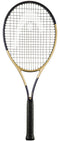 A black and gold HEAD Gravity MP L Zverev 2026 Tennis Racket by HEAD, featuring a black grip, is displayed vertically on a white background. This limited edition Zverev signature model is equipped with advanced Auxetic 2.0 technology for superior on-court performance.