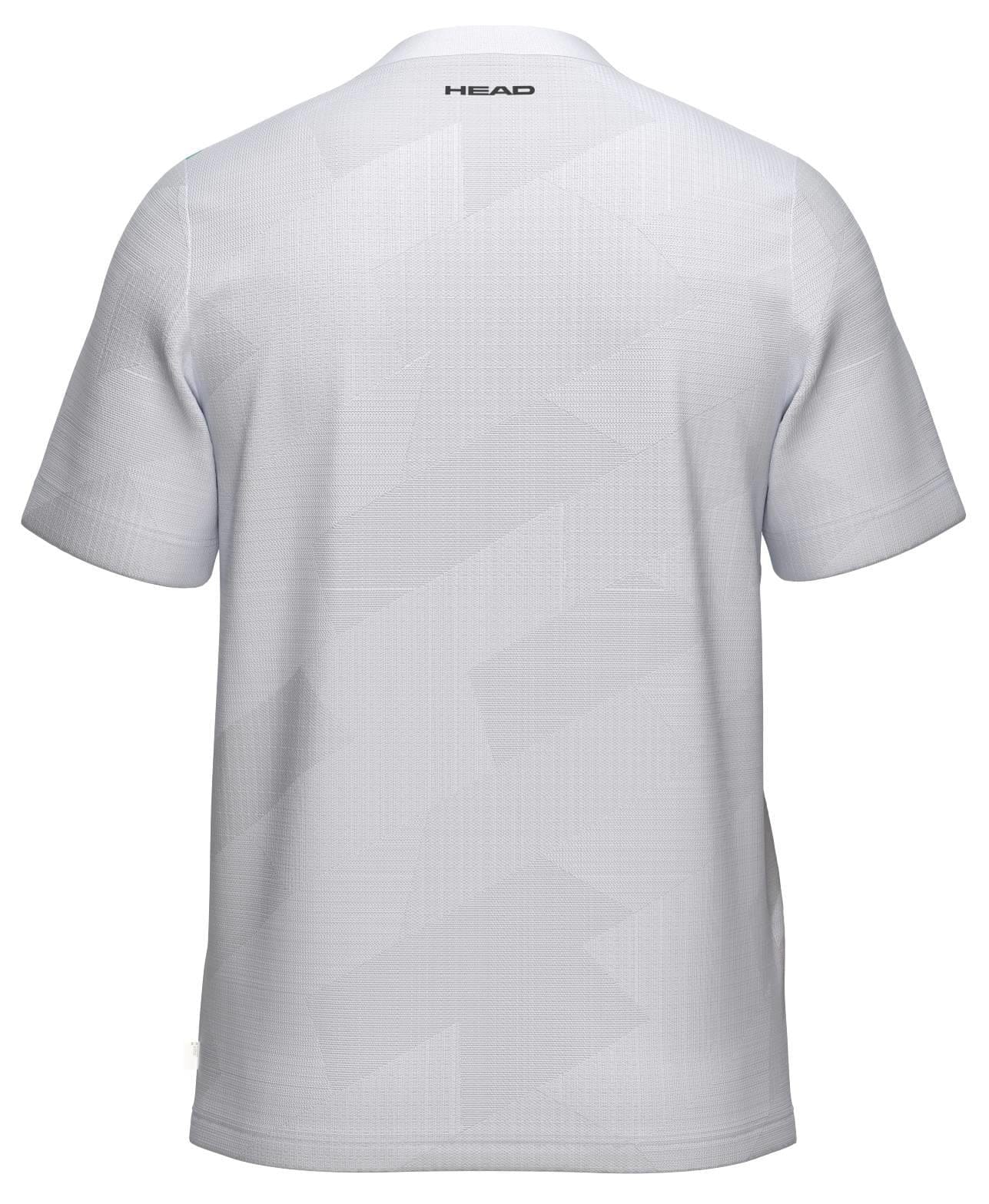 Back view of the HEAD Pro Men's Tennis T-Shirt - WHXP by HEAD, a plain white short-sleeve top with subtle geometric patterns and "HEAD" branding near the collar. Designed for tennis with moisture-wicking fabric for comfort on court.