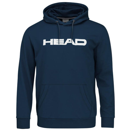 This HEAD Club Byron Men's Tennis Hoodie, in dark blue, features the brand name "HEAD" displayed prominently across the chest. Designed for comfort and style, it includes a practical kangaroo pocket and an adjustable drawstring hood.