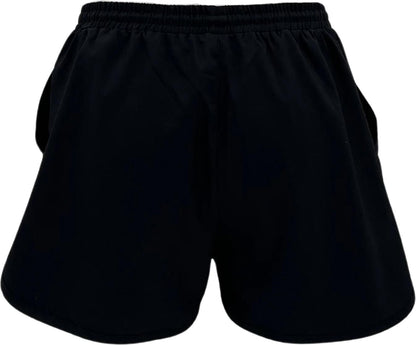 Yonex YST2024 Womens Tennis Shorts in black, featuring an elastic waistband and side pockets, made from breathable sports fabric. Displayed against a white background.