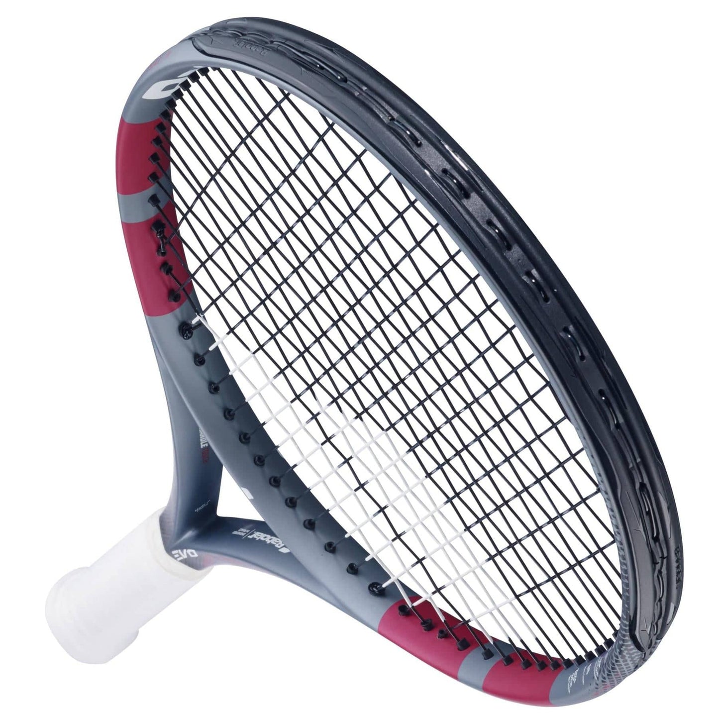 A close-up of the Babolat Evo Aero Lite Pink 2026 Tennis Racket highlights its lightweight design.