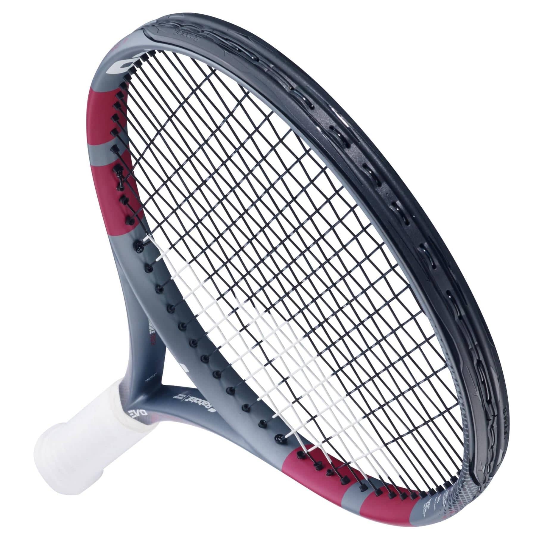 A close-up of the Babolat Evo Aero Lite Pink 2026 Tennis Racket highlights its lightweight design.