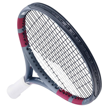 A close-up of the Babolat Evo Aero Lite Pink 2026 Tennis Racket highlights its lightweight design.