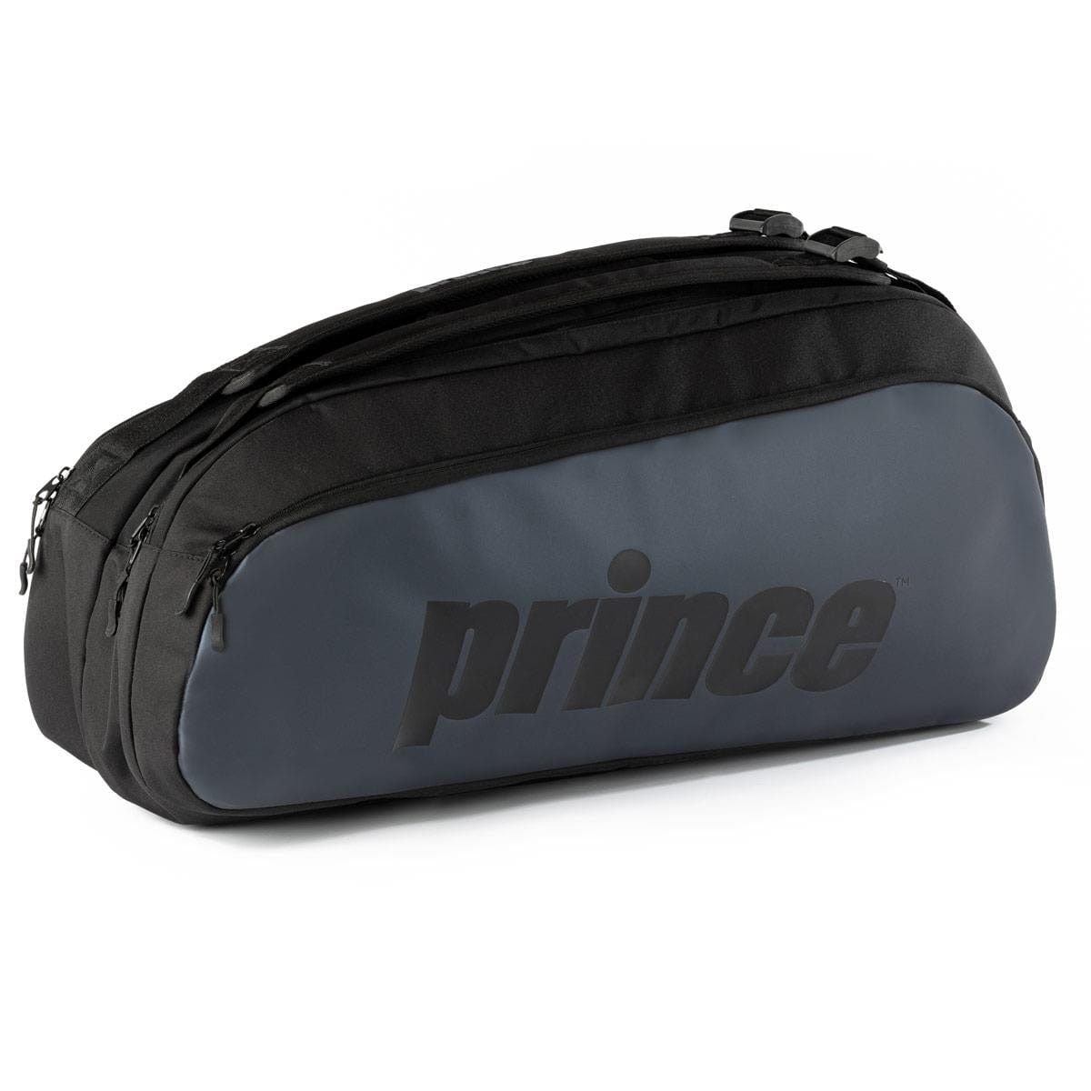 The Prince Tour 2 Comp 6 Racket Tennis Bag - Black showcases "Prince" in bold black lettering on the side and offers an accessory pocket as well as room for 6 rackets. Its multiple zippered compartments and sleek, streamlined design combine functionality with style.