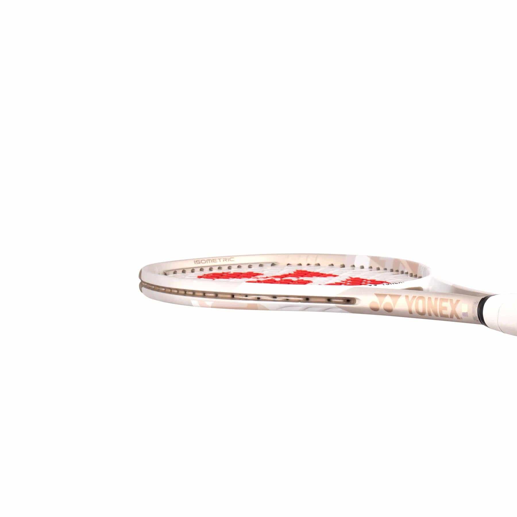 Close-up of a Yonex VCORE Feel Tennis Racket in Sand Beige against white. The racket features a light frame with ISOMETRIC technology and displays the Yonex brand on the side.