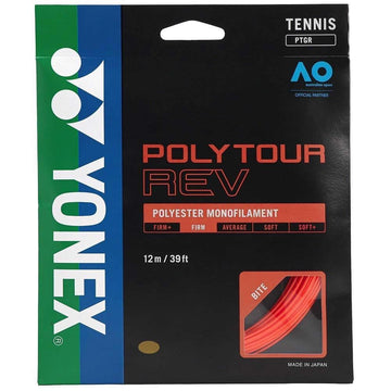 The packaging of Yonex Polytour REV Tennis String (12m) in Bright Orange showcases SIF technology for maximum spin. The design includes a black background accentuated by green, white, and red text emphasizing "Firm" and "Average Soft." A transparent section reveals a coiled bright orange string.