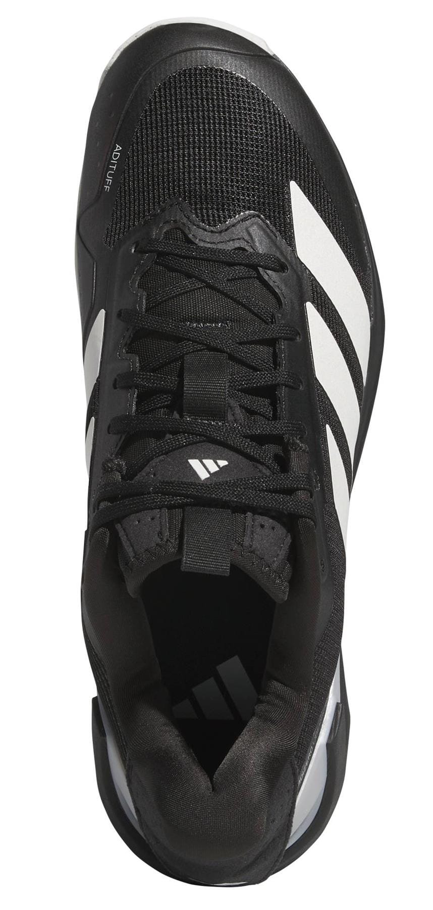 Top view of adidas Adizero Ubersonic 5 Men’s Tennis Shoes in black, featuring white stripes, black laces, a mesh upper, cushioned heel, and adidas logo on the tongue.
