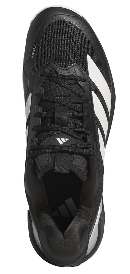 Top view of adidas Adizero Ubersonic 5 Men’s Tennis Shoes in black, featuring white stripes, black laces, a mesh upper, cushioned heel, and adidas logo on the tongue.