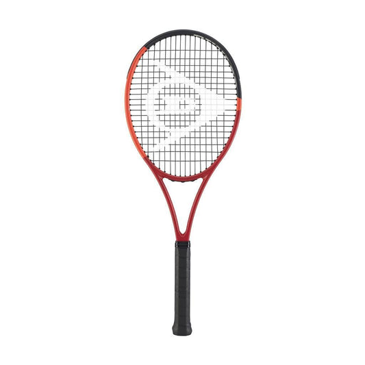 The Dunlop CX 200 Tour 16x19 2024 tennis racket, perfect for advanced players, features a stylish red frame with a detailed string pattern and a black handle. Set against a plain white background, it exudes precision and style.