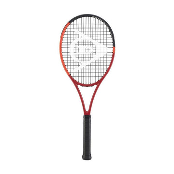 A Dunlop CX 200 Tour 16x19 2024 Tennis Racket stands upright against a white background. The red and black frame with a black grip features centrally designed white strings, ideal for advanced players.