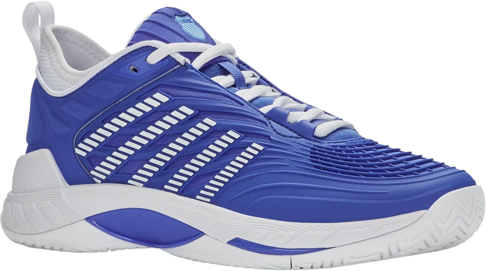 The K-Swiss Hypercourt Supreme 2 Men's Tennis Shoes in Dazzling Blue/White/Baltic Sea feature a textured upper, stripe accents, white laces and sole, and a high-grip outsole—ideal lightweight shoes for sports or active wear.