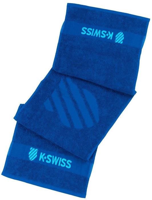 Three K-Swiss 60 Year Anniversary Towels in Brunner Blue, each featuring the K-Swiss logo in light blue, are stacked with overlapping edges on a white background. Ideal as tennis towels or for collectors.