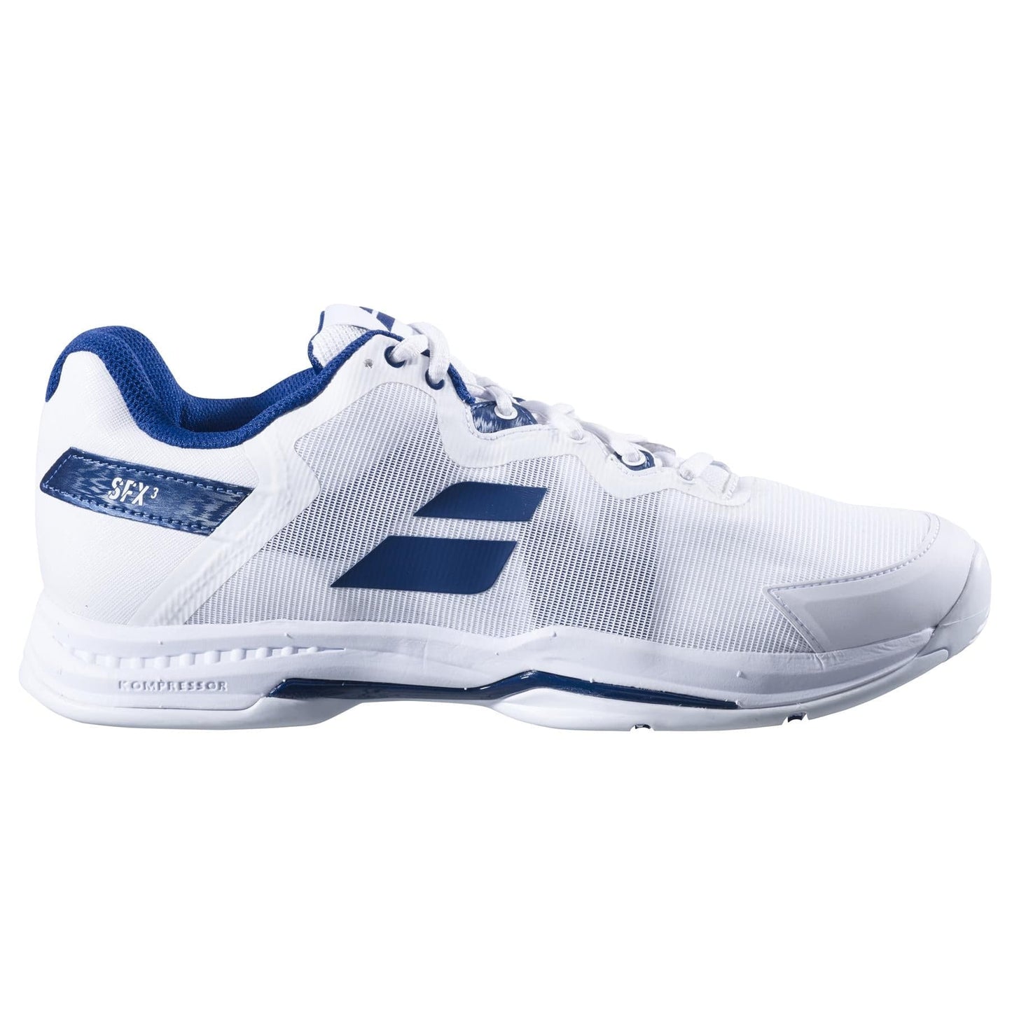 The Babolat SFX3 All Court Men's Tennis Shoe in White and Navy is a low-top athletic shoe renowned as the "comfort king." It boasts a sleek pattern with navy accents, a textured sole for grip, and offers outstanding shock absorption, making it ideal for wide-footed individuals.