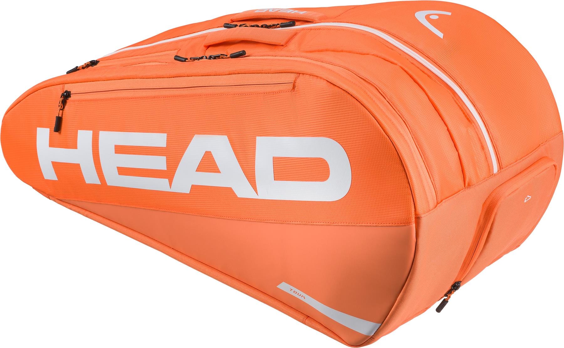 The HEAD Tour 9 Racket Tennis Bag L in bright orange features the white HEAD logo and multiple zippered compartments, designed to hold several rackets and gear.
