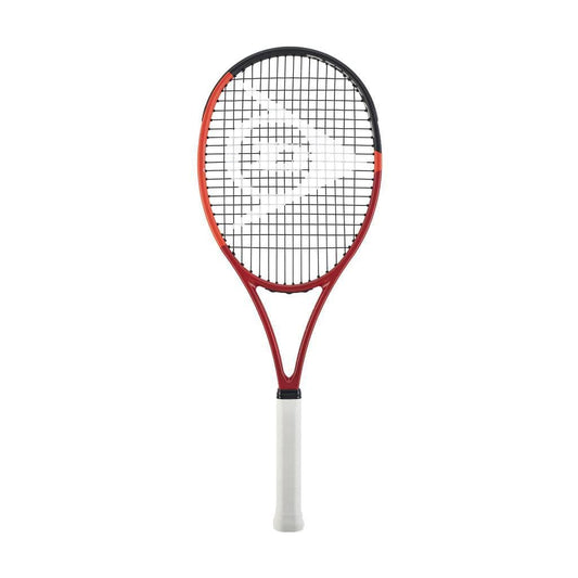 The Dunlop CX 200 LS 2024 Tennis Racket by Dunlop boasts a vibrant red design paired with a white handle and featuring a geometric logo on the strings. Its Sonic Core Infinergy technology provides improved performance, all beautifully presented against a simple white background.