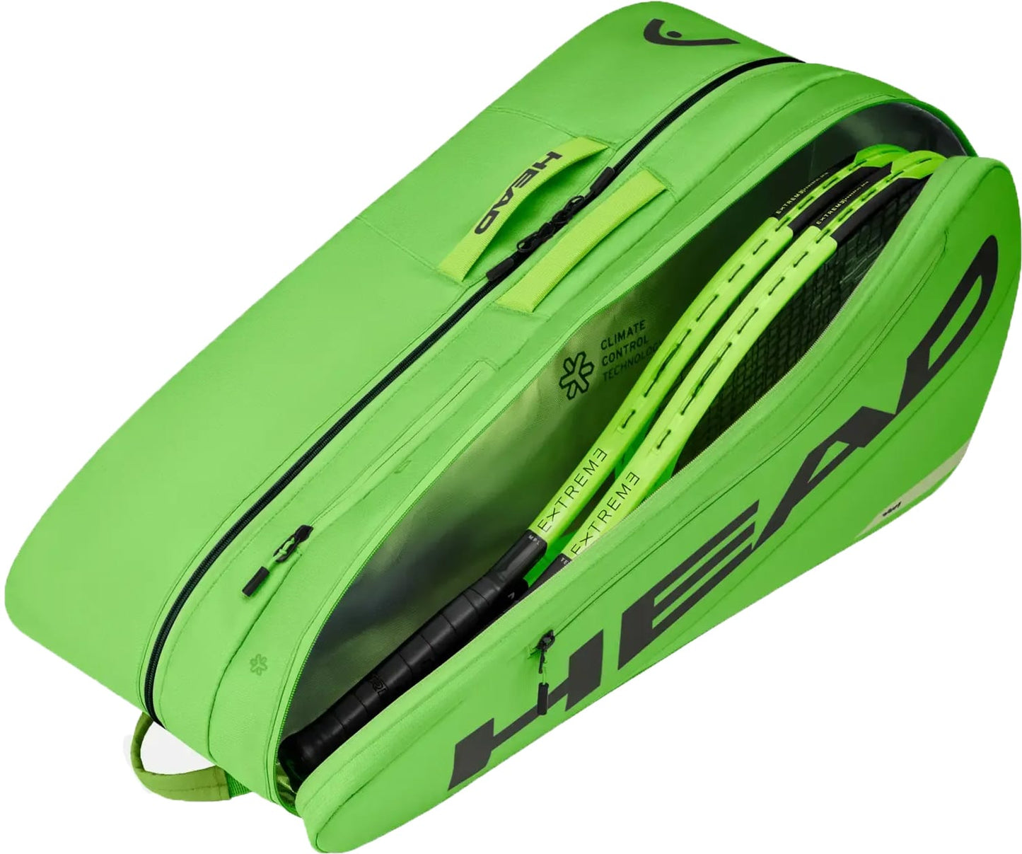 A HEAD Tour 9 Racket Tennis Bag L in Sharp Green, partially unzipped, reveals two tennis rackets inside. The bag features the prominent HEAD logo and offers additional compartments for gear.