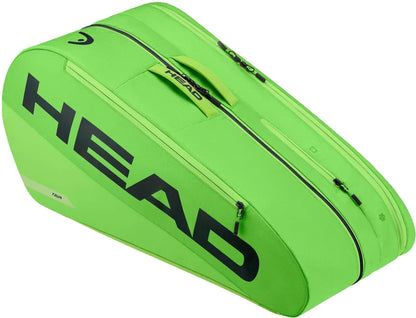 A HEAD Tour 9 Racket Tennis Bag L in Sharp Green is displayed at an angle, showcasing the bold black HEAD branding, a zippered closure, and a practical carrying handle. Isolated against a white background, this bag incorporates climate control technology to protect your gear in any weather.