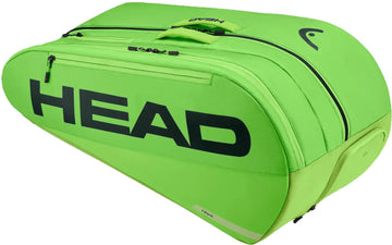 The HEAD Tour 9 Racket Tennis Bag L - Sharp Green is a spacious, vibrant tennis bag featuring black lettering and a zippered main compartment, designed for carrying your tennis equipment. This premium bag from HEAD also includes climate control technology to help safeguard your gear from extreme temperatures.