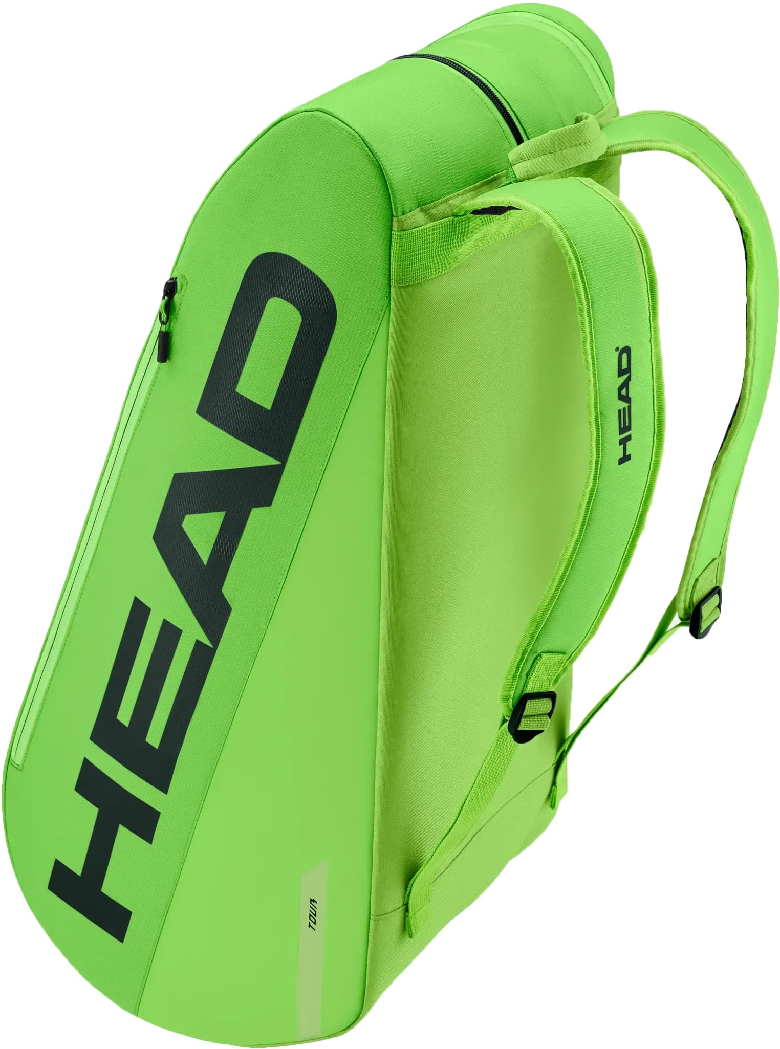 Introducing the HEAD Tour 9 Racket Tennis Bag L in Sharp Green—a vibrant tennis bag with a bold black HEAD logo, comfortable top handle, and dual shoulder straps. This bag features a spacious main compartment and convenient side pocket within its sleek, modern design. Engineered with climate control technology, it helps protect your gear in all conditions.