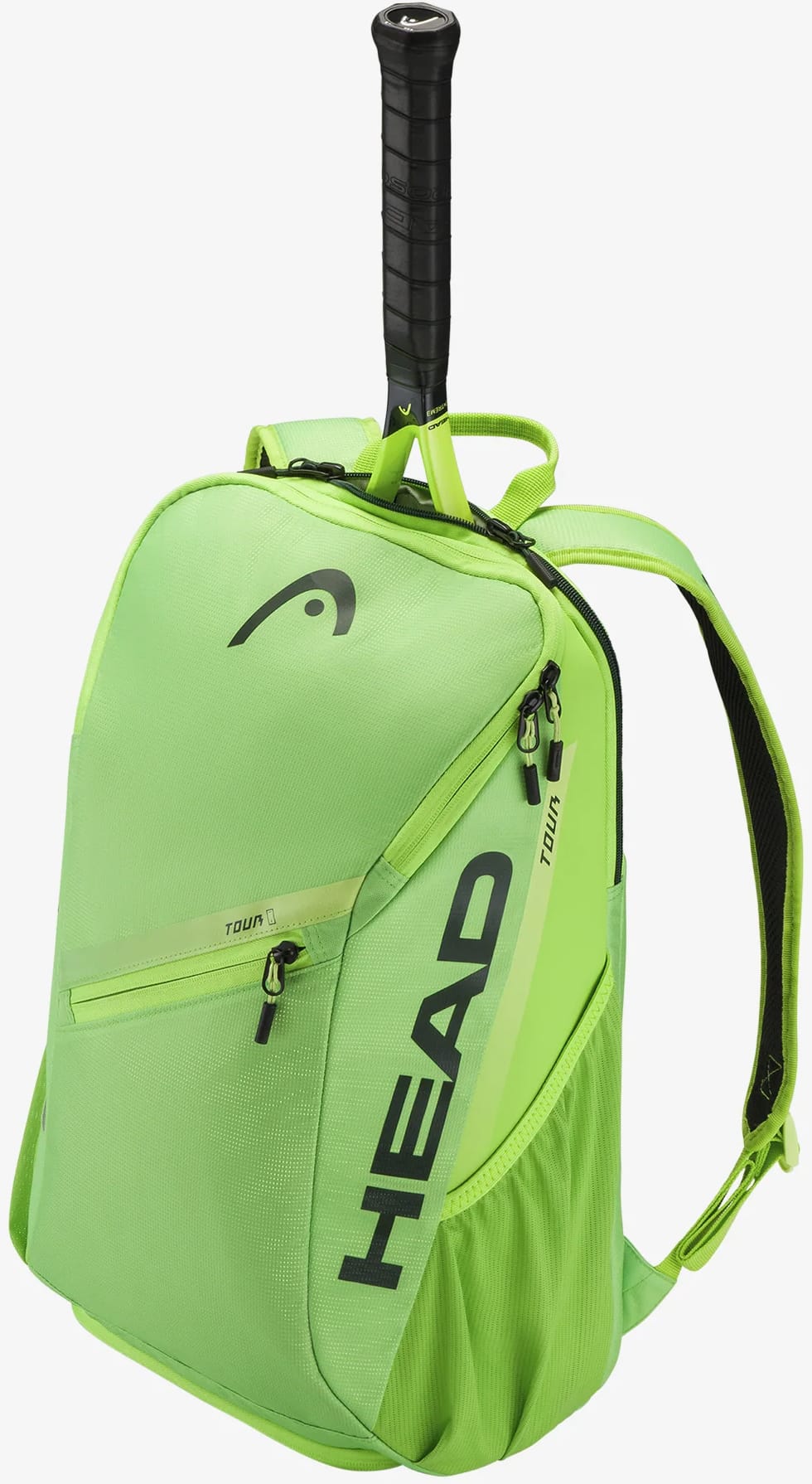 The HEAD Tour 25L Tennis Backpack - Sharp Green features a vibrant green design with black zippers and the HEAD logo, a dedicated top compartment for your tennis racket (allowing the handle to stick out), and a convenient side mesh pocket.