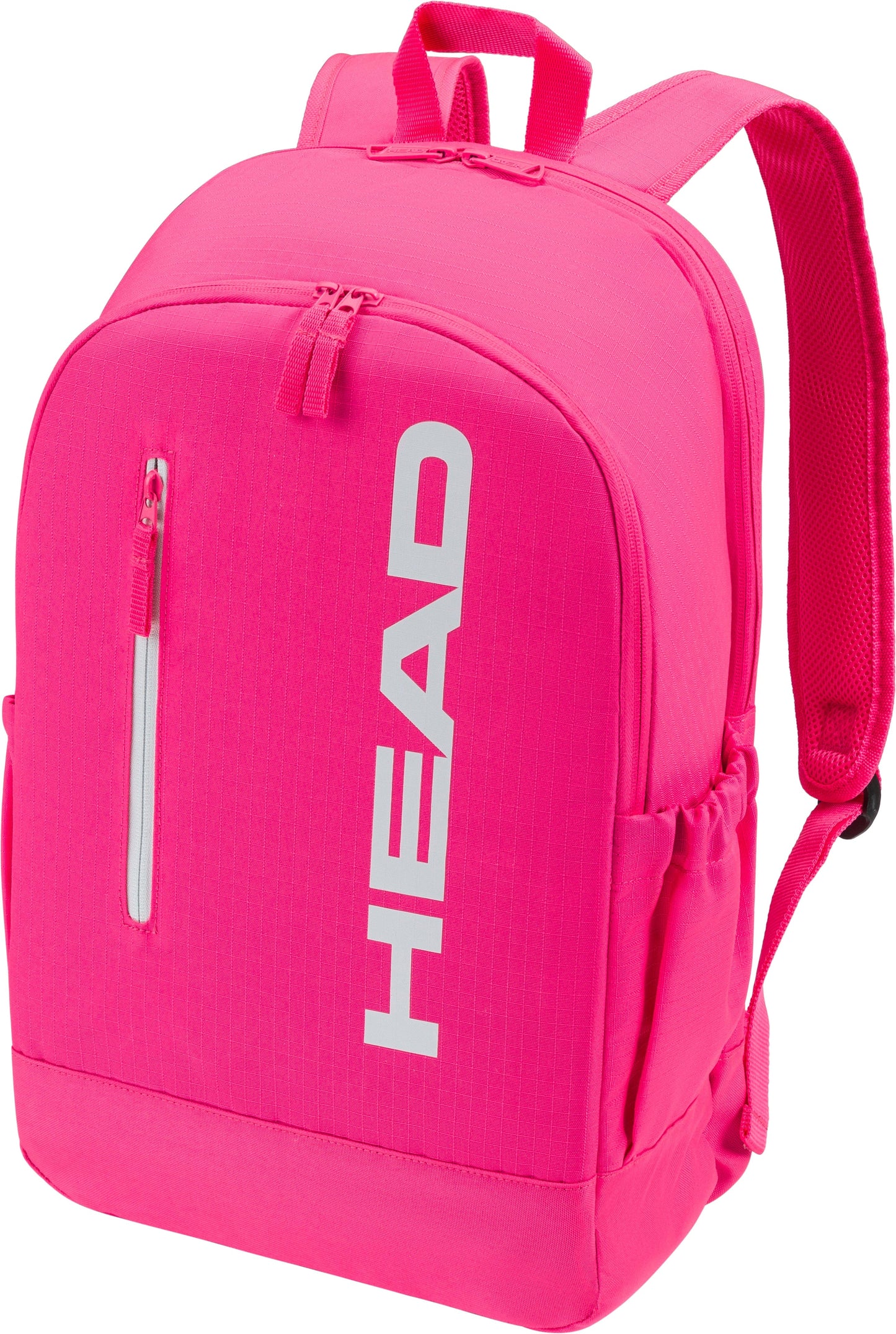 The HEAD Base 17L Tennis Backpack in bright pink features a front zipper pocket, side pockets, and adjustable shoulder straps. “HEAD” is printed vertically in large white letters—ideal for carrying your tennis gear.