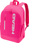 The HEAD Base 17L Tennis Backpack in bright pink features a front zipper pocket, side pockets, and adjustable shoulder straps. “HEAD” is printed vertically in large white letters—ideal for carrying your tennis gear.