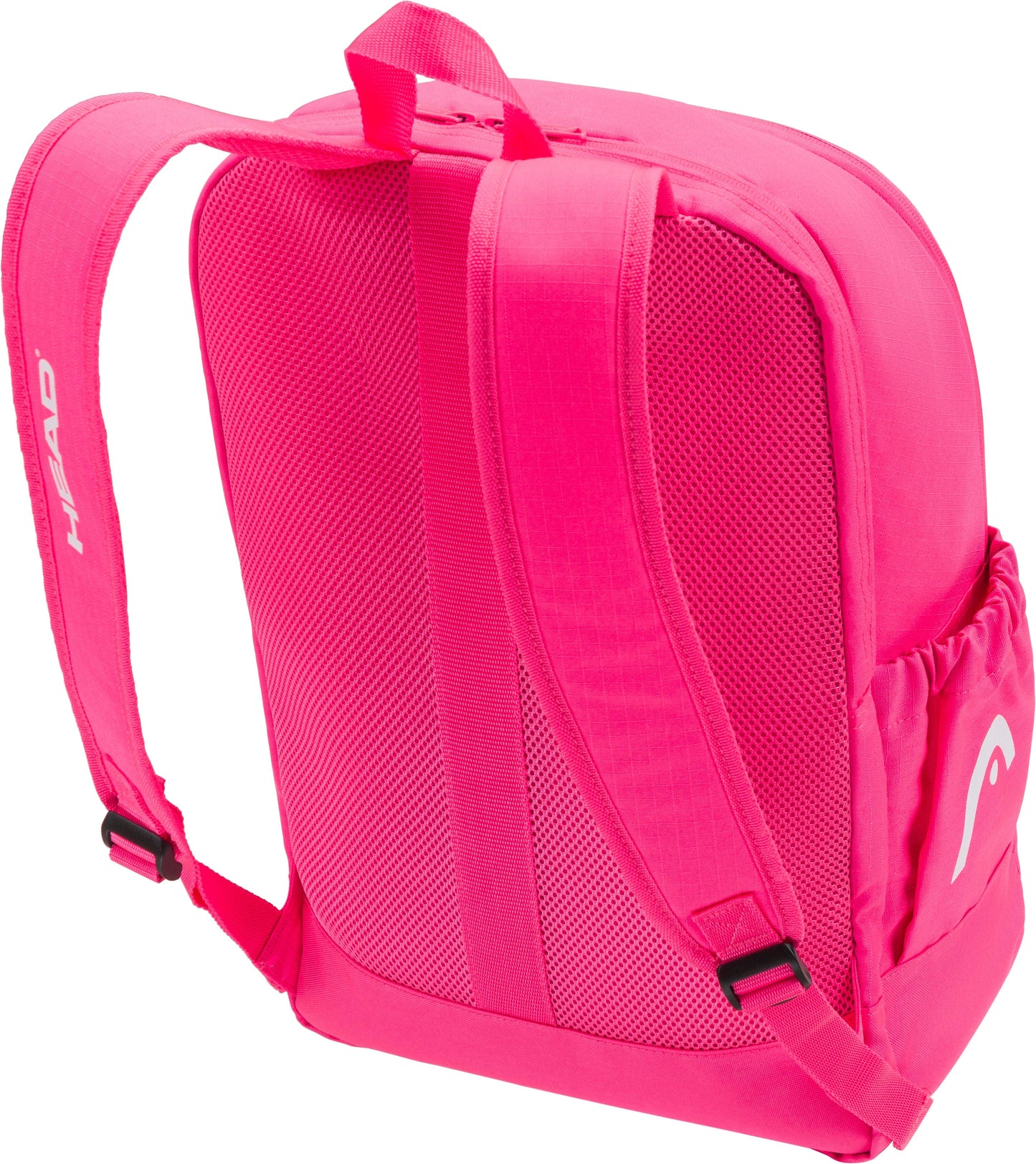 The HEAD Base 17L Tennis Backpack in bright pink features adjustable straps, mesh sides, a side pocket with the HEAD logo, top handle, and a sleek design—ideal for carrying your tennis gear essentials.