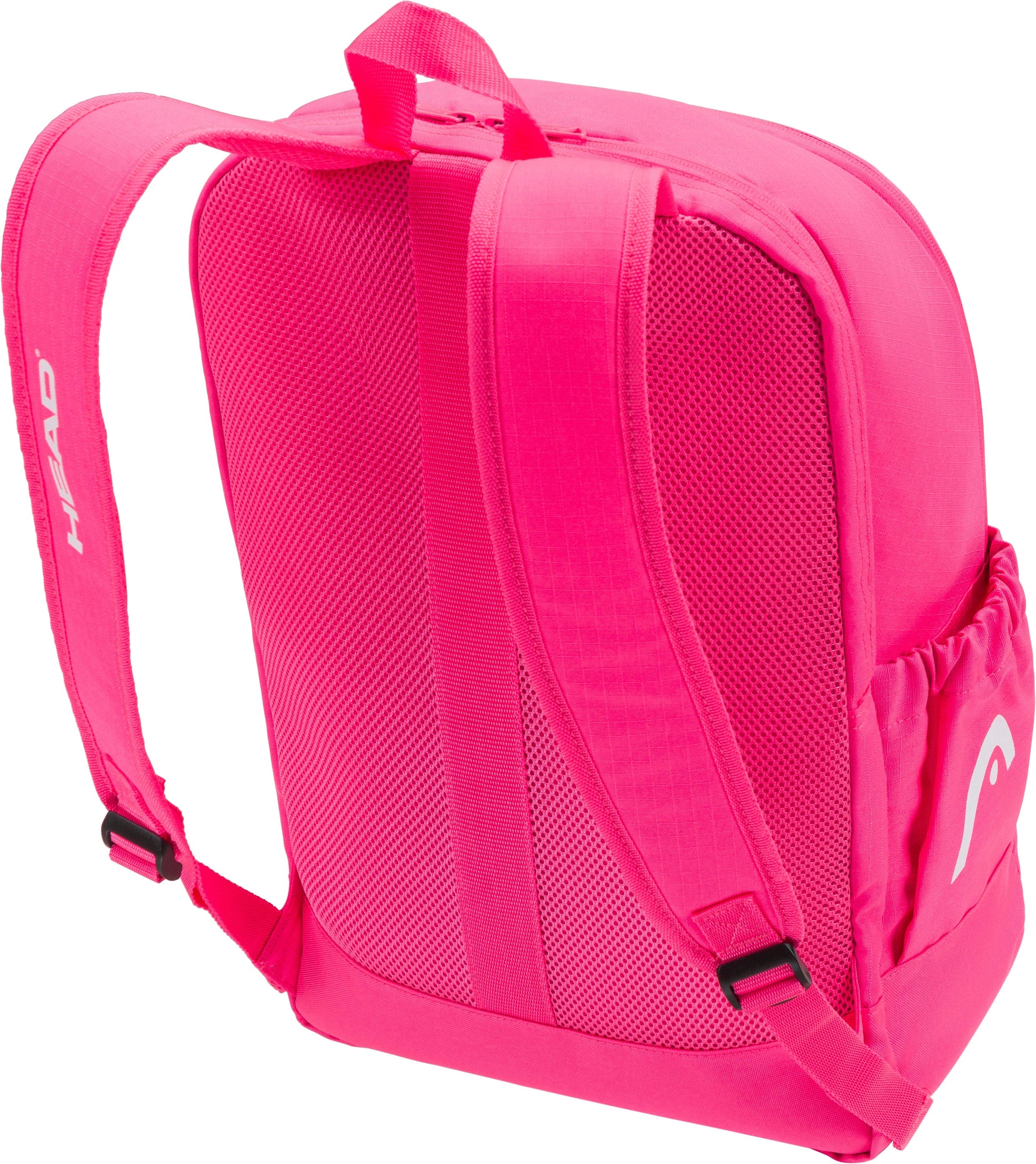 The HEAD Base 17L Tennis Backpack in bright pink features adjustable straps, mesh sides, a side pocket with the HEAD logo, top handle, and a sleek design—ideal for carrying your tennis gear essentials.