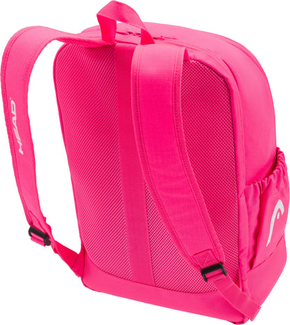 The HEAD Base 17L Tennis Backpack in bright pink features adjustable straps, mesh sides, a side pocket with the HEAD logo, top handle, and a sleek design—ideal for carrying your tennis gear essentials.