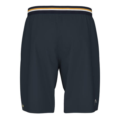 Navy HEAD Performance Mens Tennis Shorts with a 4-way stretch, moisture-wicking fabric, and a striped waistband.