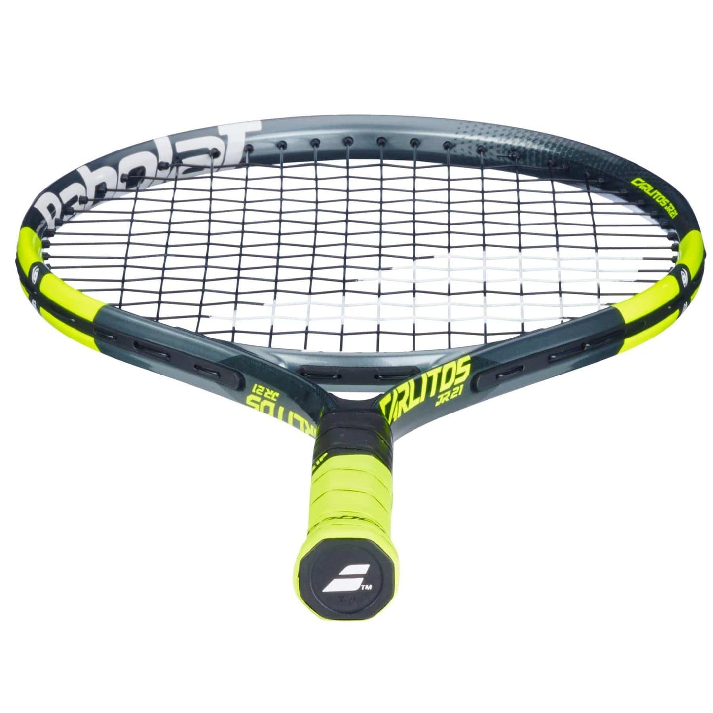The Babolat Carlitos Junior 21 Tennis Racket features a black and neon yellow frame with "Babolat" and "Evolution" branding—ideal as a lightweight racket for junior players.