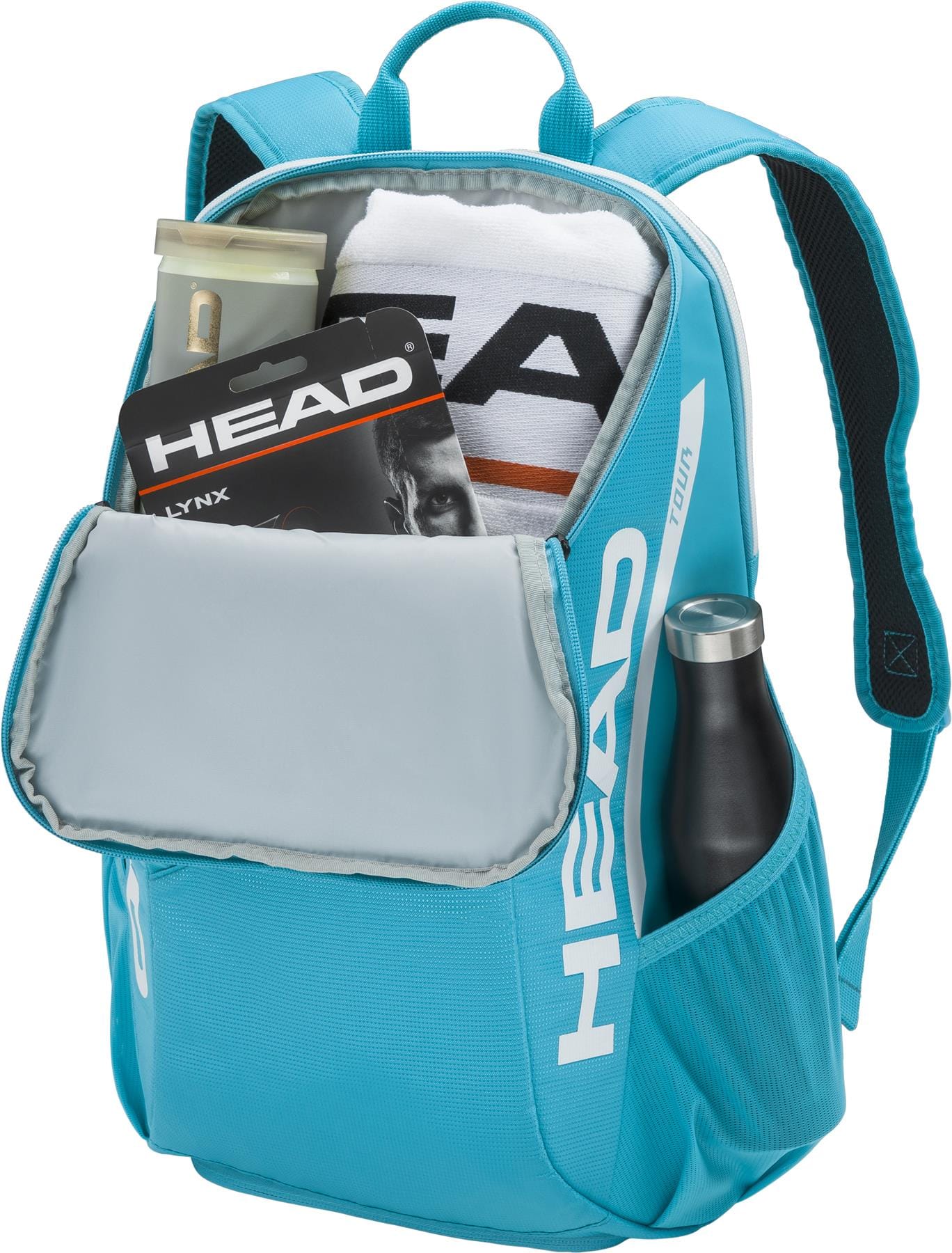 The HEAD Tour 25L Tennis Backpack - Blue features black straps, a white HEAD logo, a front pocket with space for a towel and tennis string pack, plus a side pocket for your drink bottle.