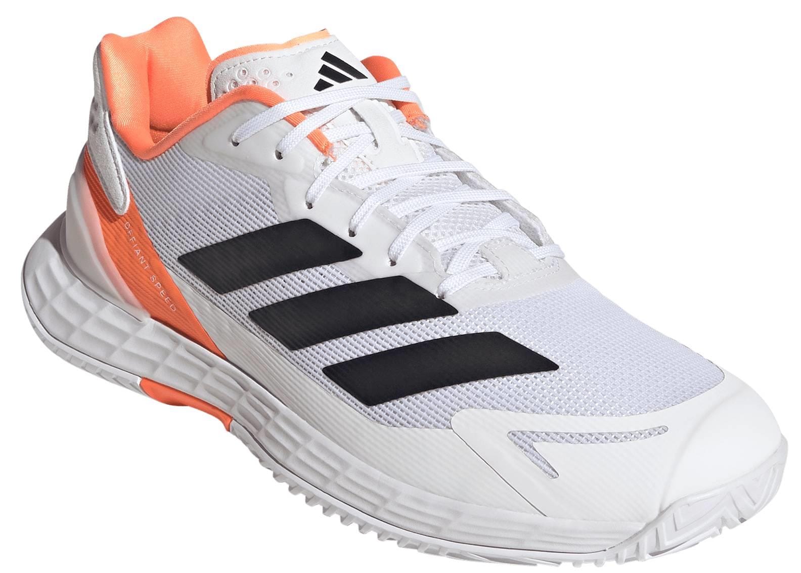 The adidas Defiant Speed 2 Men's Tennis Shoes in white and orange feature black stripes, mesh toe, orange heel and lining accents, and a textured sole for lightweight tennis performance.