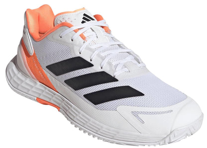 The adidas Defiant Speed 2 Men's Tennis Shoes in white and orange feature black stripes, mesh toe, orange heel and lining accents, and a textured sole for lightweight tennis performance.