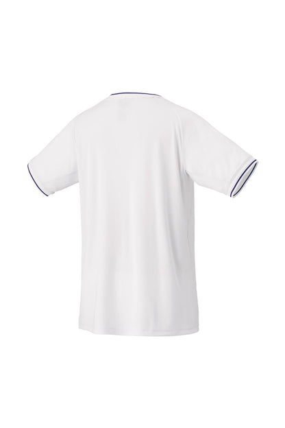The Yonex 10561 Men's Tennis T-Shirt in white showcases a plain design with short sleeves, made from moisture-wicking fabric, and is highlighted by black piping along the neckline and sleeve edges, all seen from the back.