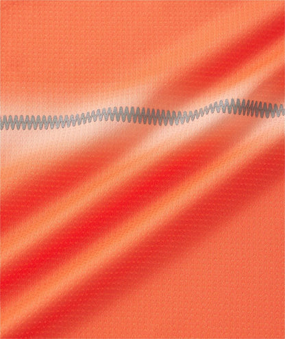 Close-up of textured cyber orange fabric with a silver zigzag stitch on the Yonex 10711YX Crew Neck Men's Tennis T-Shirt, highlighting premium sportswear quality through detailed shadows and highlights.