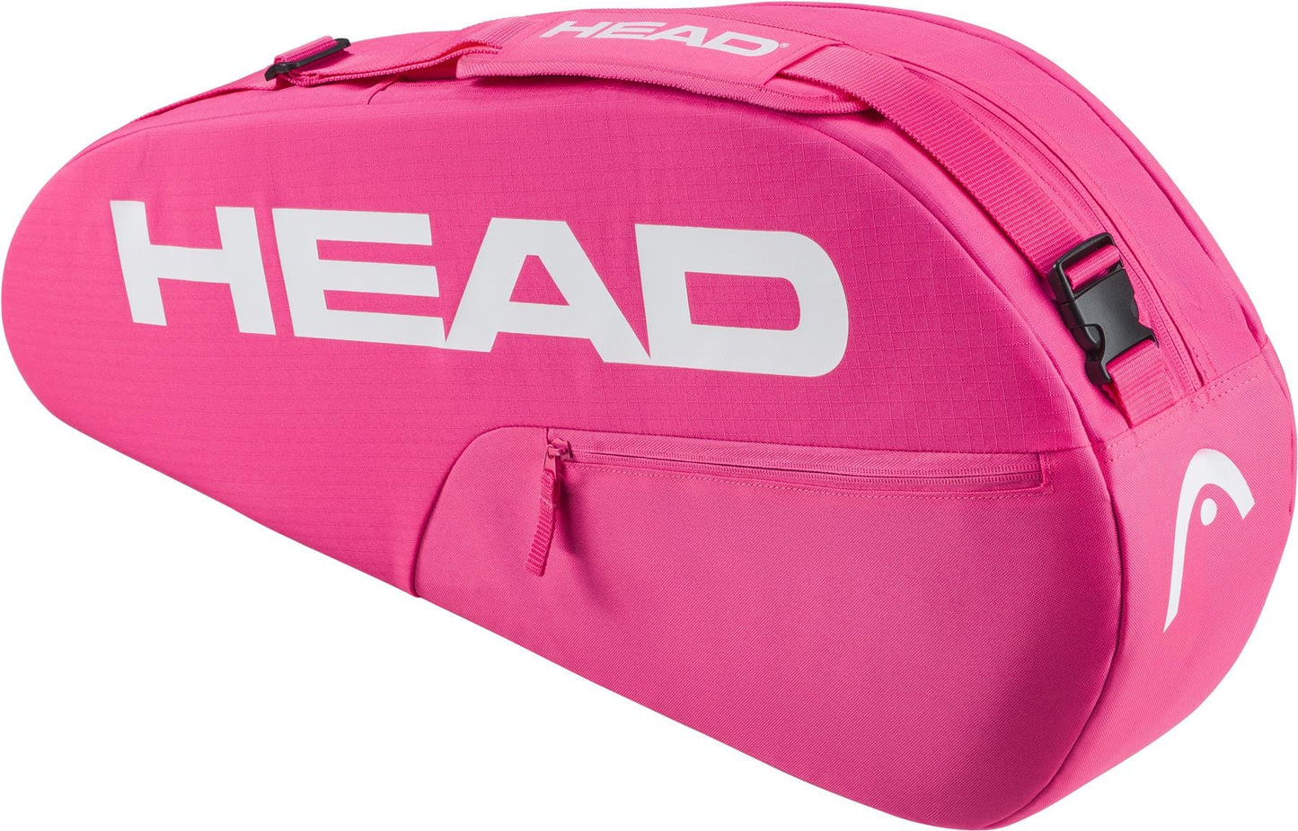The HEAD Base 3 Racket Tennis Bag S in bright pink features a white HEAD logo, top handle, adjustable shoulder strap, and a zippered side pocket.