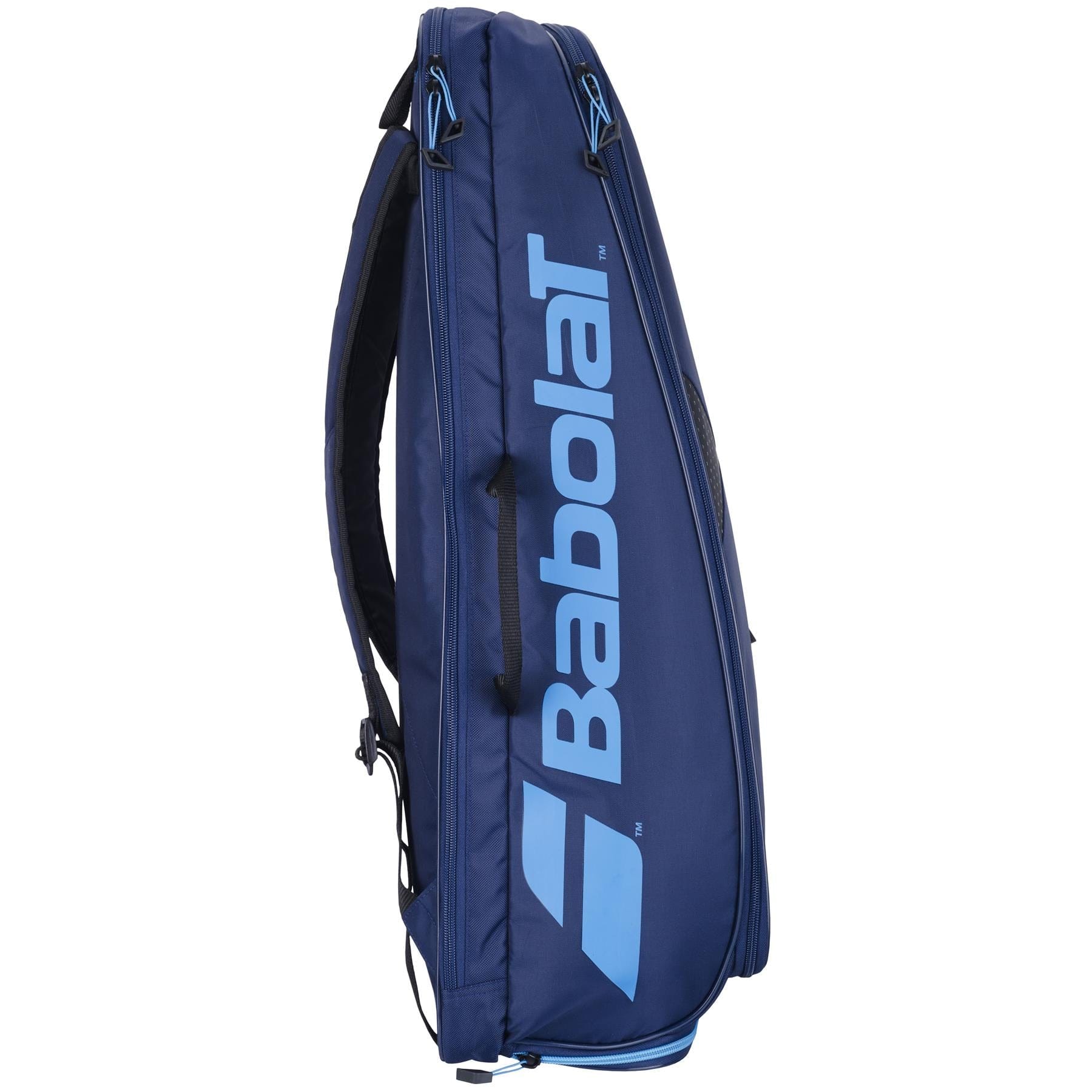 The Babolat Backrack 3 Tennis Bag in dark blue stands upright, displaying its side profile. The brand name "Babolat" is prominently printed in large light blue letters. Crafted from recycled polyester, this bag includes multiple zippered racket compartments and adjustable shoulder straps.