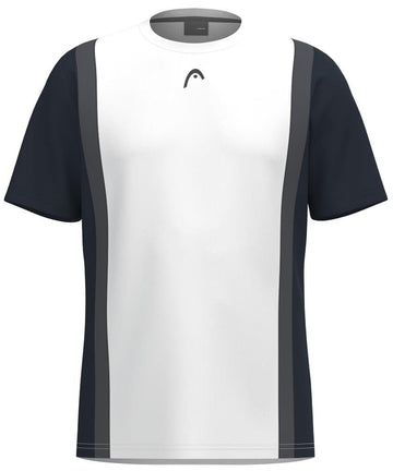 Introducing the HEAD Club Tech 25 Men's Tennis T-Shirt in Navy/White, featuring short sleeves, dark gray vertical side panels, and a small logo near the neckline. Its modern design ensures breathability and advanced moisture transfer microfiber technology for sports or casual wear.