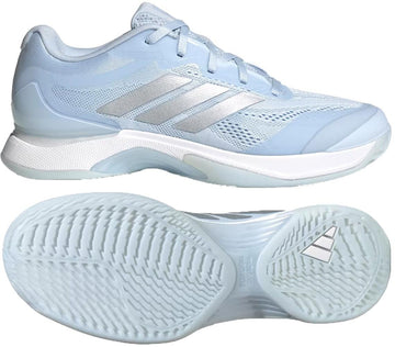 The adidas Avacourt 3 Women’s Tennis Shoes in Crystal Sky/Silver Metallic/Cloud White feature a breathable mesh upper, textured sole for grip, and are shown from the side and bottom—making them ideal for tennis court play.