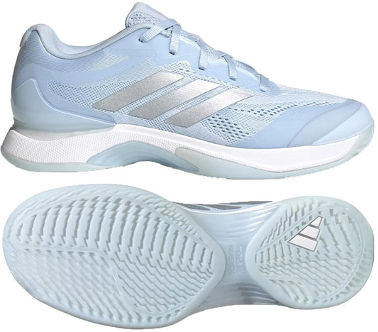The adidas Avacourt 3 Women’s Tennis Shoes in Crystal Sky/Silver Metallic/Cloud White feature a breathable mesh upper, textured sole for grip, and are shown from the side and bottom—making them ideal for tennis court play.
